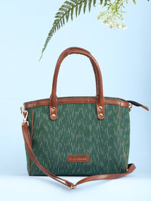 Green Ikat & Vegan Leather Bucket Style Hand Bag - B1506