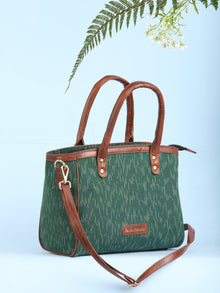 Green Ikat & Vegan Leather Bucket Style Hand Bag - B1506