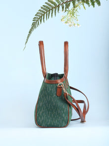 Green Ikat & Vegan Leather Bucket Style Hand Bag - B1506