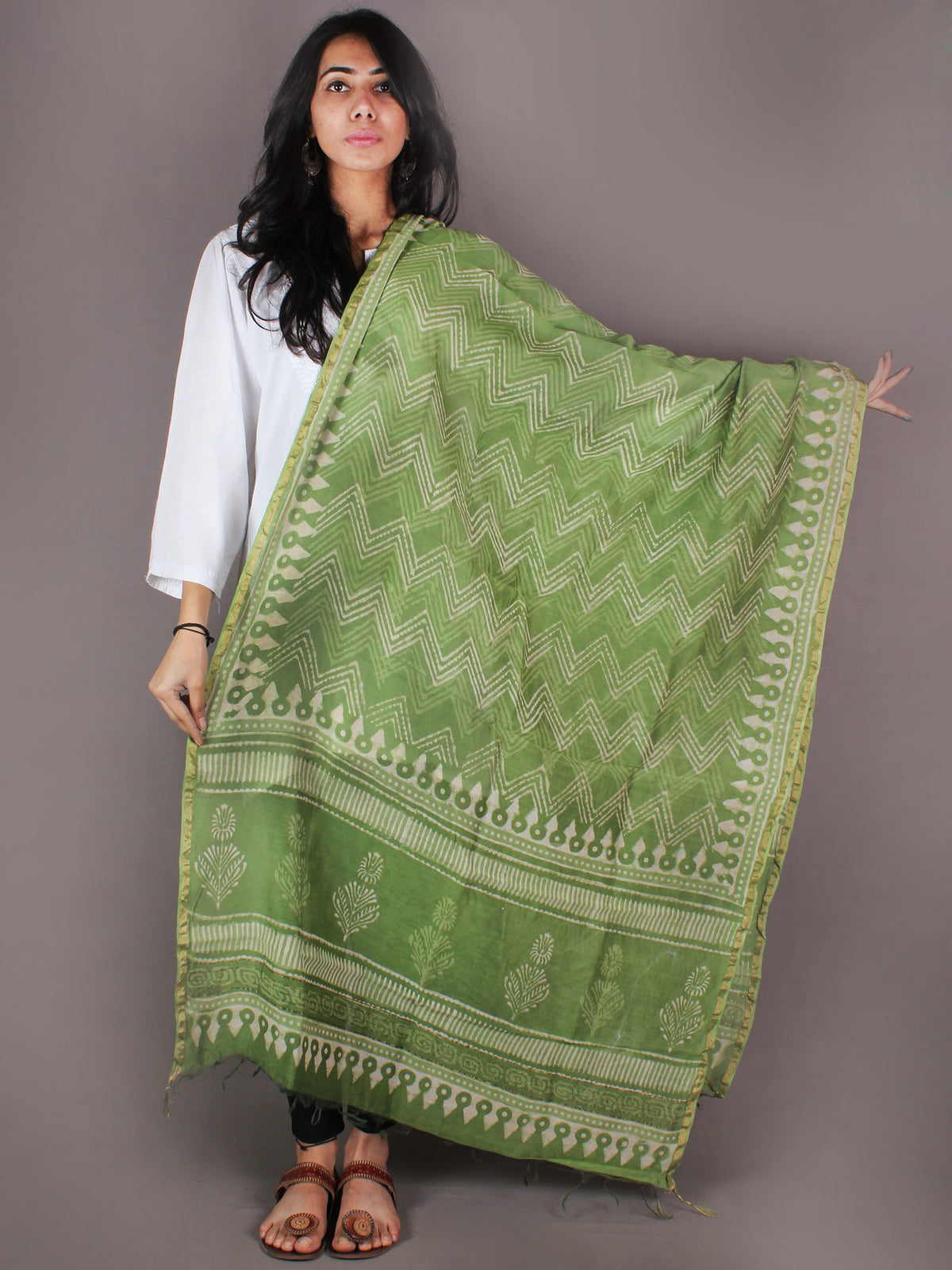 Prussian Green Ivory Chanderi Hand Block Printed Dupatta- D04170103