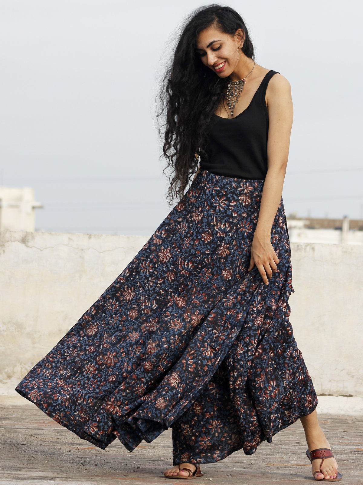 Hand Block Printed Wrap Around Skirt In Indigo Black Maroon Beige - S40F596