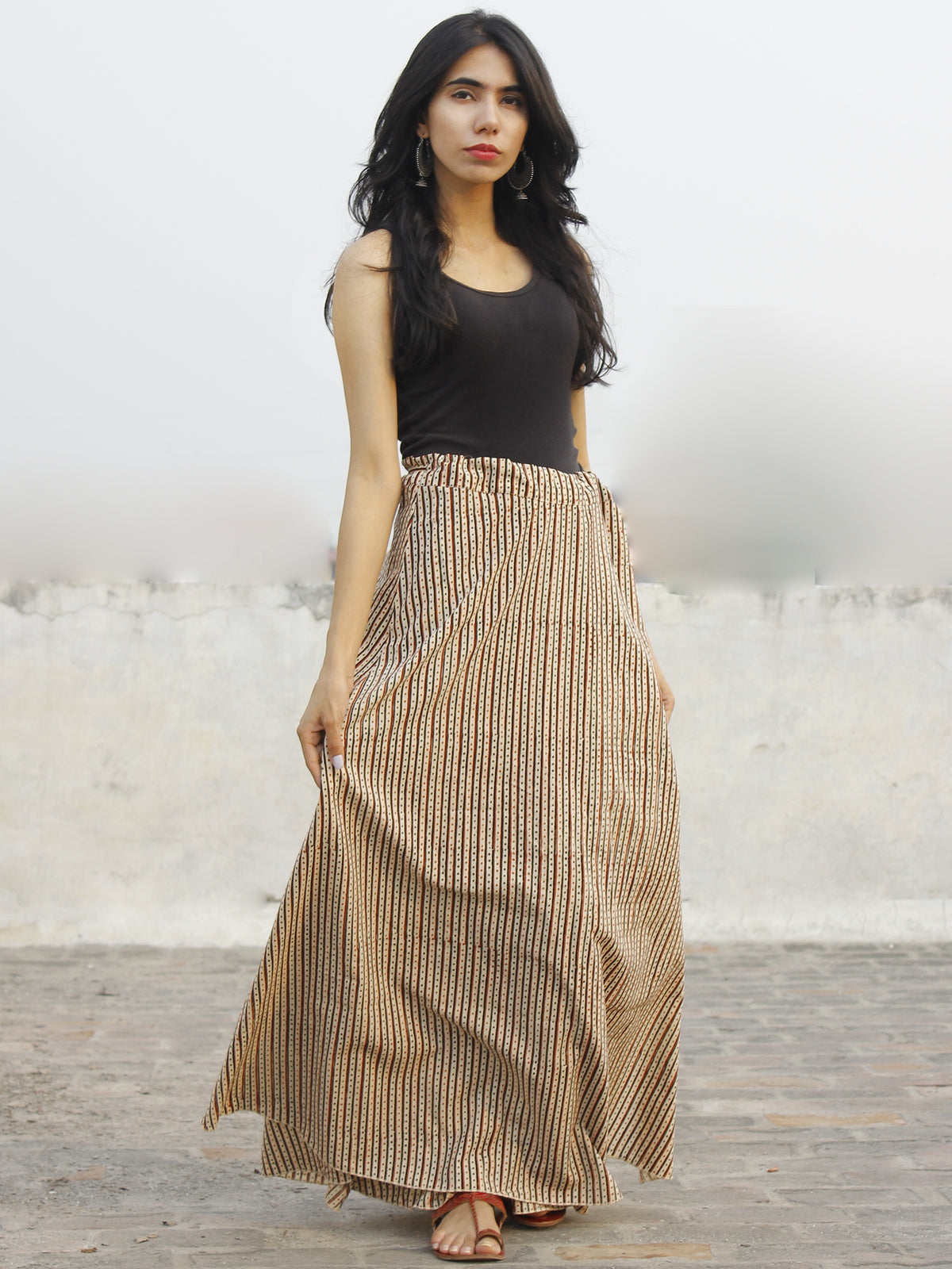 Hand Block Printed Wrap Around Skirt In Beige Maroon Black - S40F365
