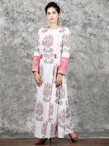 White Pink Green Hand Block Printed Cotton Long Dress With Pintucks  -  D288F1495