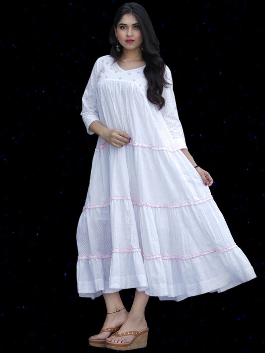 Chandni Sumnah - Cotton Dobby Tiered Long Dress With Embroidery  - D445FP01