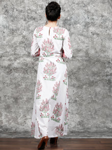 White Pink Green Hand Block Printed Cotton Long Dress With Pintucks  -  D288F1495