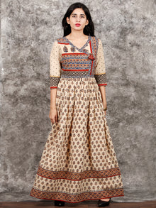 Naaz Beige Red Blue Brown Hand Block Printed Cotton Long Angrakha Dress   - DS56F001