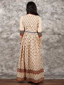 Naaz Beige Red Blue Brown Hand Block Printed Cotton Long Angrakha Dress   - DS56F001