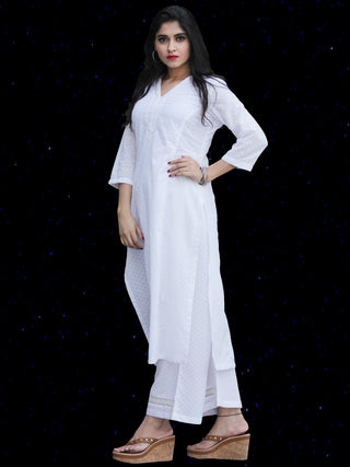 Chandni Madiha - Cotton Kurta Palazzo Set With Embroidered Chiffon Dupatta - KS40SFP05BWD