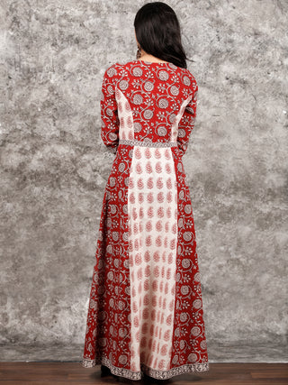 White Red Black Bagh Printed Asymmetric Panel Cotton Long Dress  - D309F1714