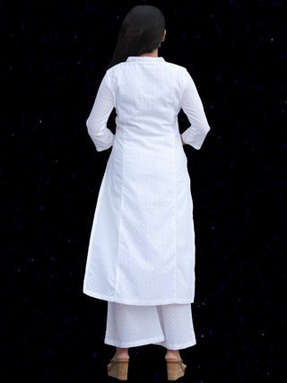 Chandni Madiha - Cotton Kurta Palazzo Set With Embroidered Chiffon Dupatta - KS40SFP05BWD