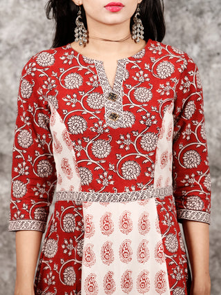 White Red Black Bagh Printed Asymmetric Panel Cotton Long Dress  - D309F1714