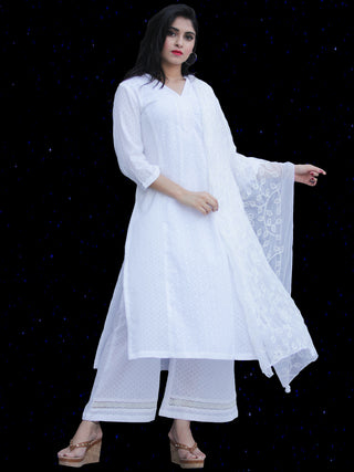 Chandni Madiha - Cotton Kurta Palazzo Set With Embroidered Chiffon Dupatta - KS40SFP05BWD