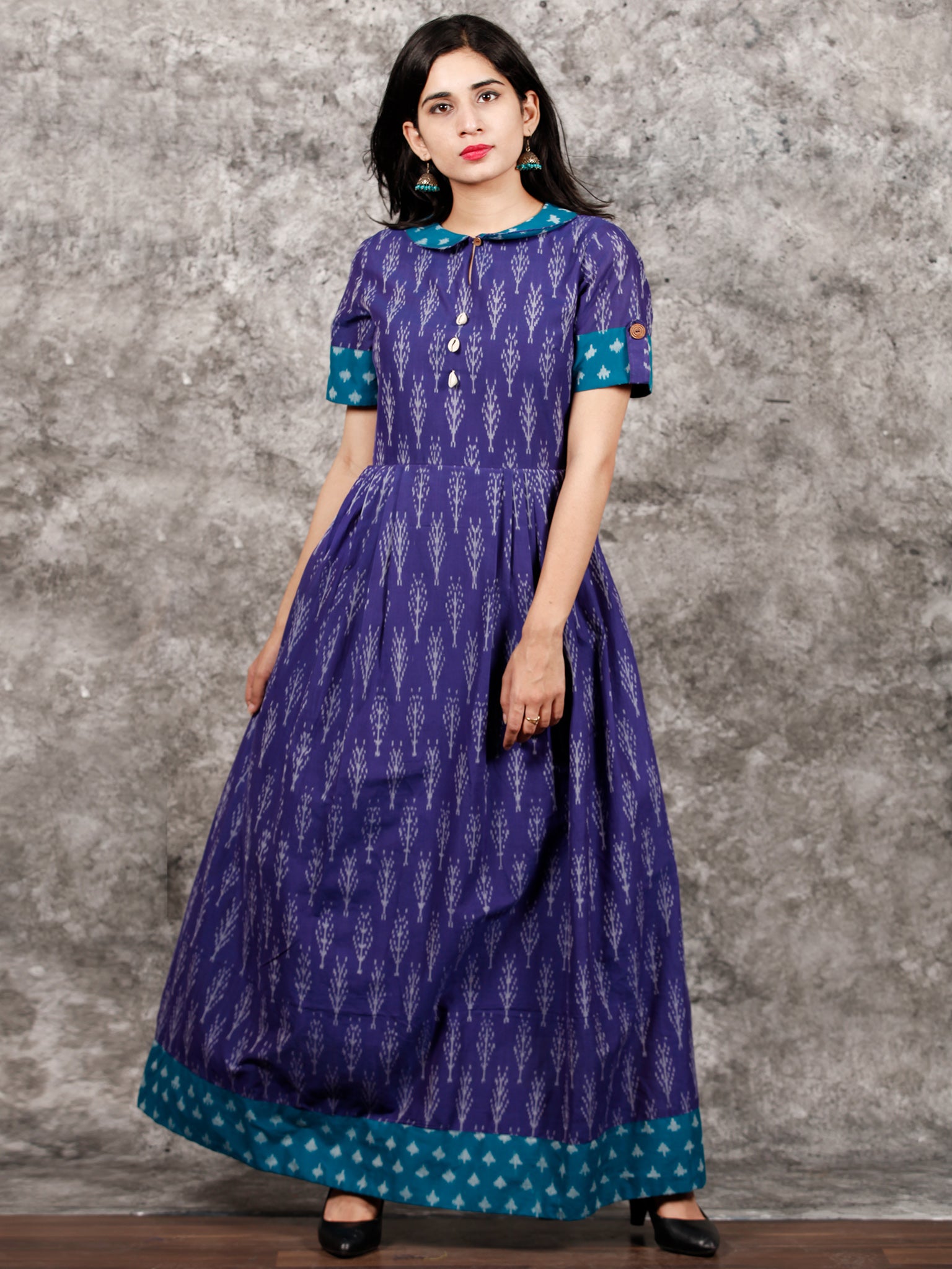 Purple Teal Blue Ivory Handloom Mercerised Ikat Long Cotton Dress With –  InduBindu