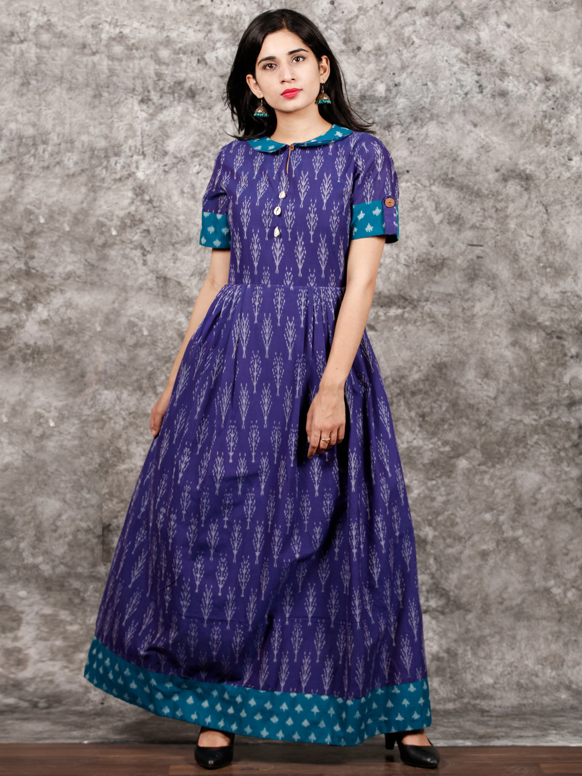 Purple Teal Blue Ivory Handloom Mercerised Ikat Long Cotton Dress With Collar - D281F1419