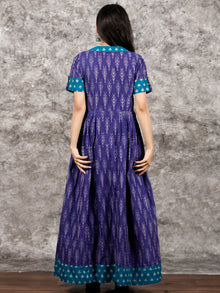 Purple Teal Blue Ivory Handloom Mercerised Ikat Long Cotton Dress With Collar - D281F1419