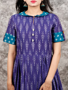 Purple Teal Blue Ivory Handloom Mercerised Ikat Long Cotton Dress With Collar - D281F1419
