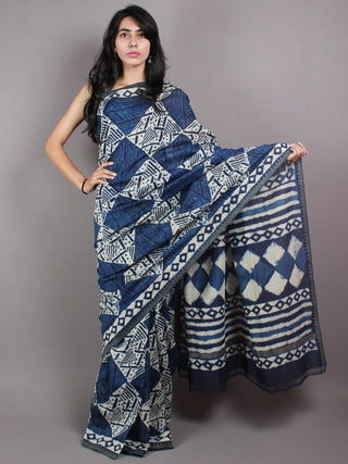 Indigo Hand Block Printed With Natural Colors Chanderi Saree with Geecha Border - S03170406