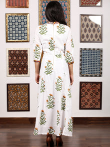 White Mustard Green Hand Block Printed Panel Cotton Long Dress - D282F1499