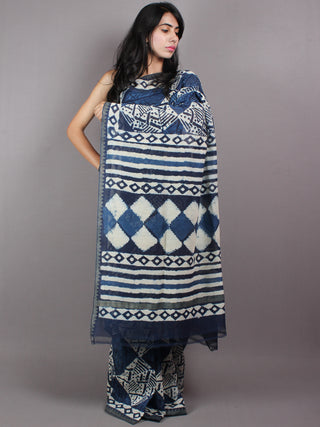 Indigo Hand Block Printed With Natural Colors Chanderi Saree with Geecha Border - S03170406