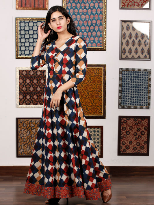 Indigo White Maroon Hand Block Printed Long Dress With Back Knots - D162F1321