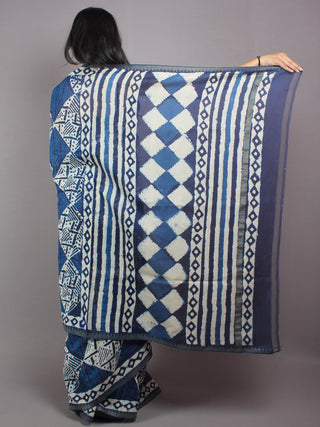 Indigo Hand Block Printed With Natural Colors Chanderi Saree with Geecha Border - S03170406