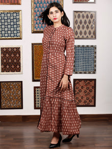 Brown Ivory Hand Woven Ikat Front Open Tier Dress With Pockets - D193F1039