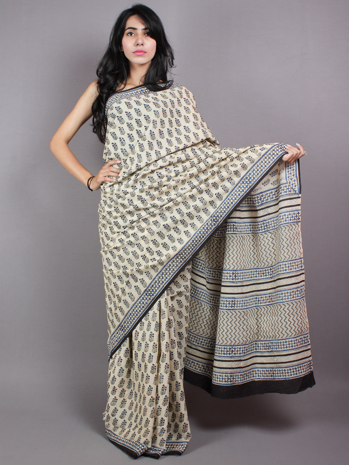 Ivory Blue Cotton Hand Block Printed Saree - S03170407