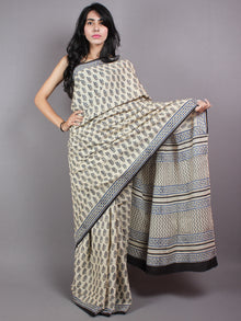 Ivory Blue Cotton Hand Block Printed Saree - S03170407