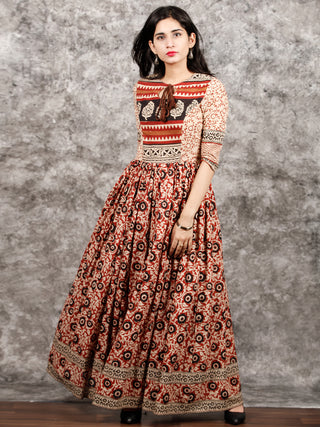 Naaz Beige Maroon Black Hand Block Printed Long Cotton Dress with Tassels - DS02F003