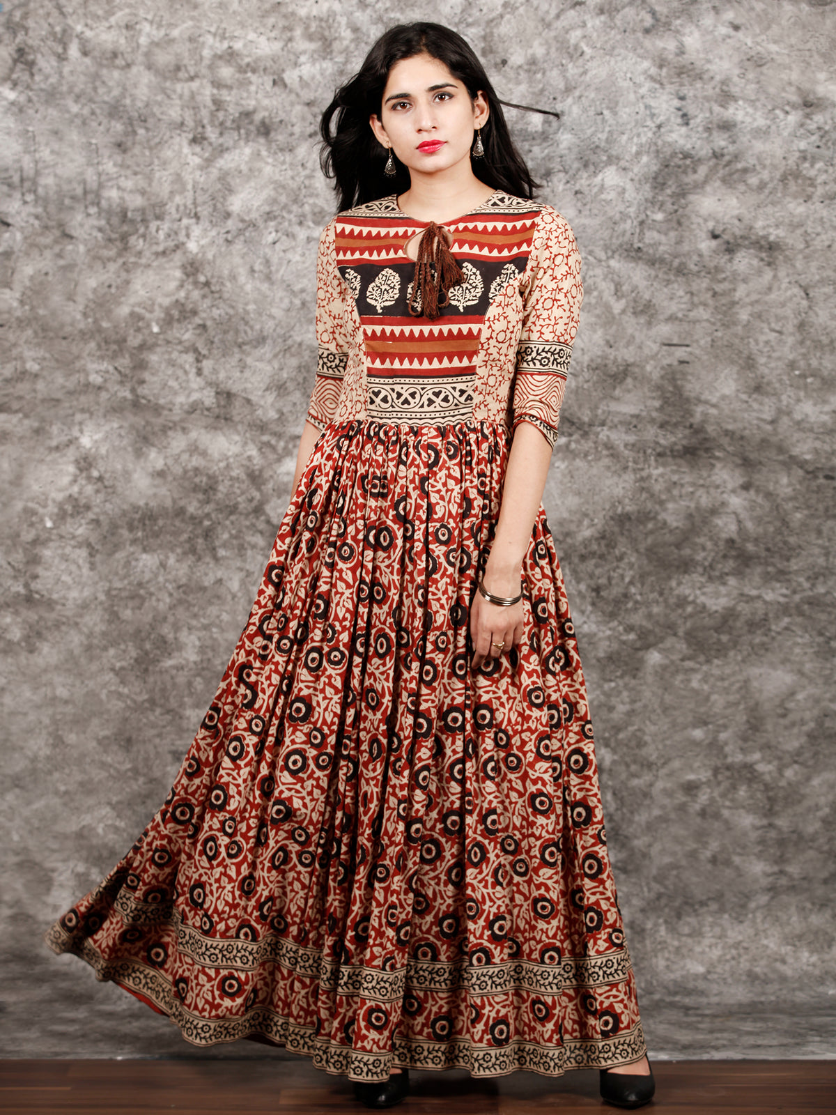 Naaz Beige Maroon Black Hand Block Printed Long Cotton Dress with Tassels - DS02F003