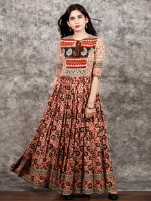 Naaz Beige Maroon Black Hand Block Printed Long Cotton Dress with Tassels - DS02F003