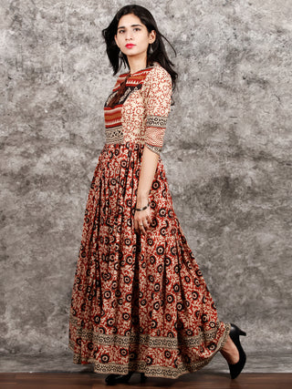 Naaz Beige Maroon Black Hand Block Printed Long Cotton Dress with Tassels - DS02F003