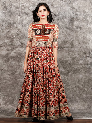 Naaz Beige Maroon Black Hand Block Printed Long Cotton Dress with Tassels - DS02F003