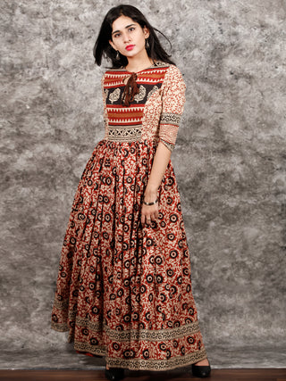 Naaz Beige Maroon Black Hand Block Printed Long Cotton Dress with Tassels - DS02F003