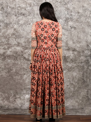 Naaz Beige Maroon Black Hand Block Printed Long Cotton Dress with Tassels - DS02F003