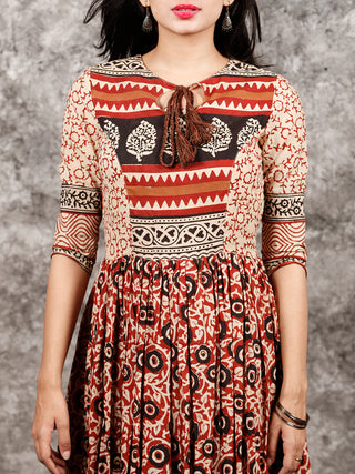 Naaz Beige Maroon Black Hand Block Printed Long Cotton Dress with Tassels - DS02F003