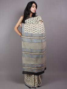 Ivory Blue Cotton Hand Block Printed Saree - S03170407