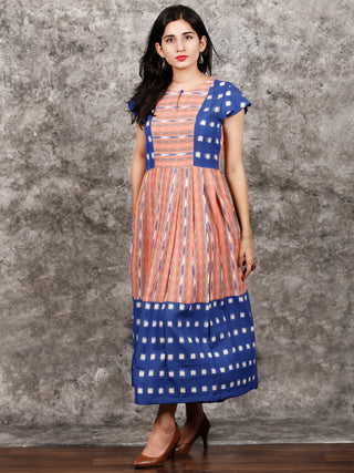 Royal Blue Orange  White Handwoven Ikat Dress With Princess Cut & Knife Pleates-  D310F1055