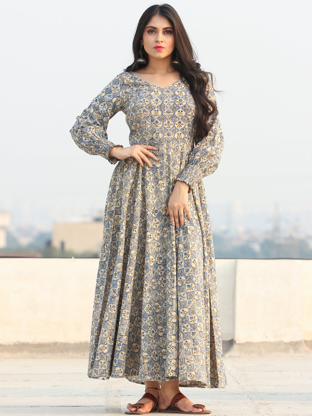 cotton dress hands designs Hand Block Printed Cotton Dress - Tiered Flared Design, Waist Tie