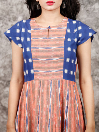 Royal Blue Orange  White Handwoven Ikat Dress With Princess Cut & Knife Pleates-  D310F1055