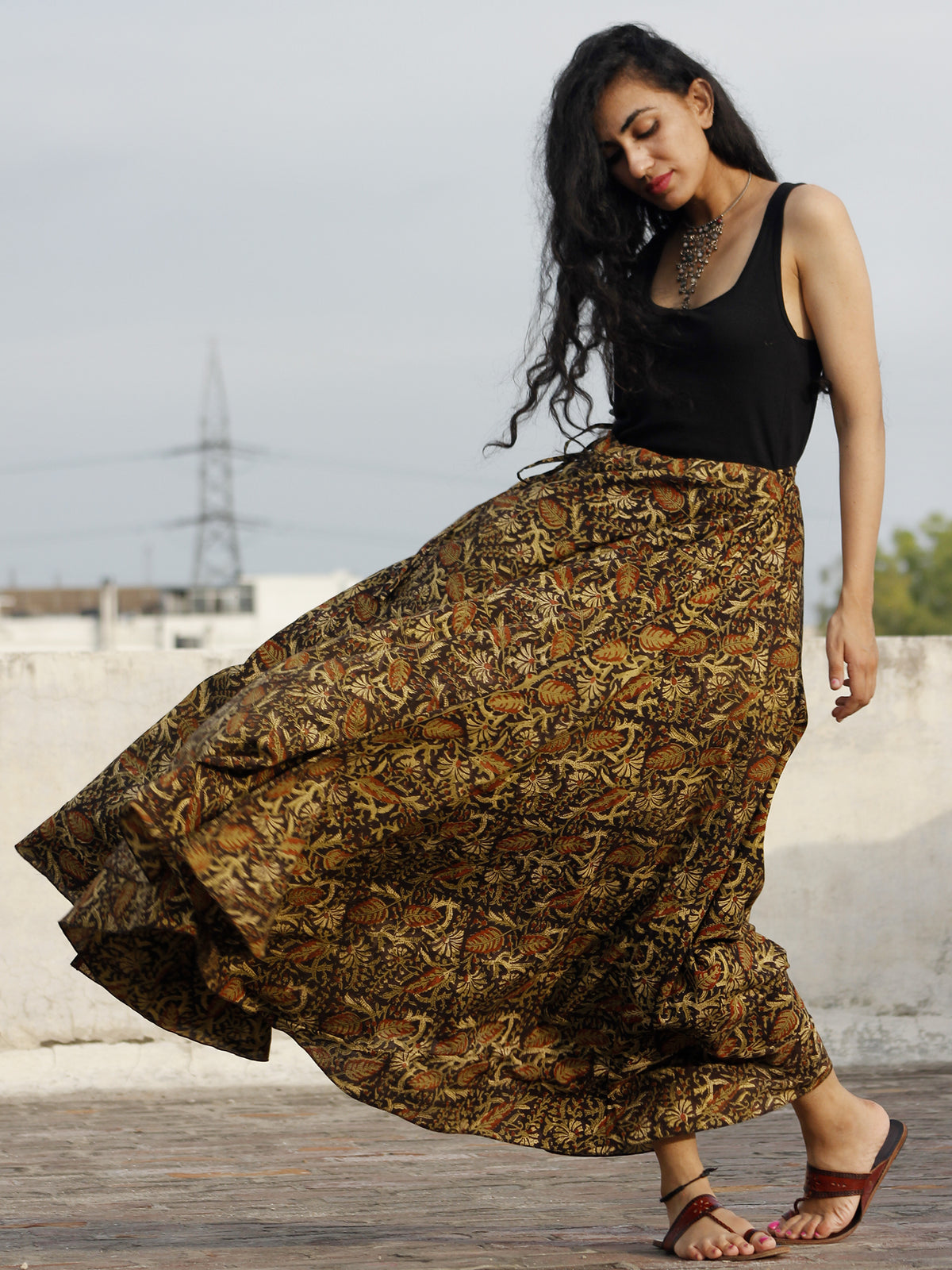 Hand Block Printed Wrap Around Skirt In Black Olive Maroon Beige - S401013