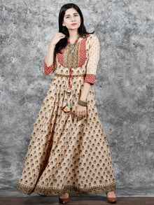 Naaz Farzaan - Beige Rust Green Peanut Brown Hand Block Printed Long Cotton  Dress With Hand Made Tassel - DS54F001