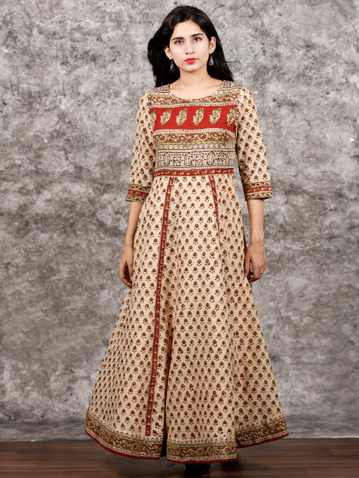Naaz Aayna - Beige Rust Green Black Hand Block Printed Long Cotton Kali Dress With Full Lining - DS57F001