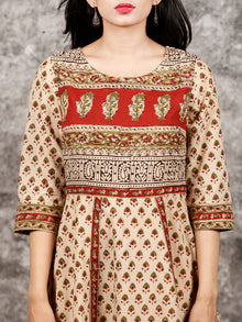 Naaz Aayna - Beige Rust Green Black Hand Block Printed Long Cotton Kali Dress With Full Lining - DS57F001