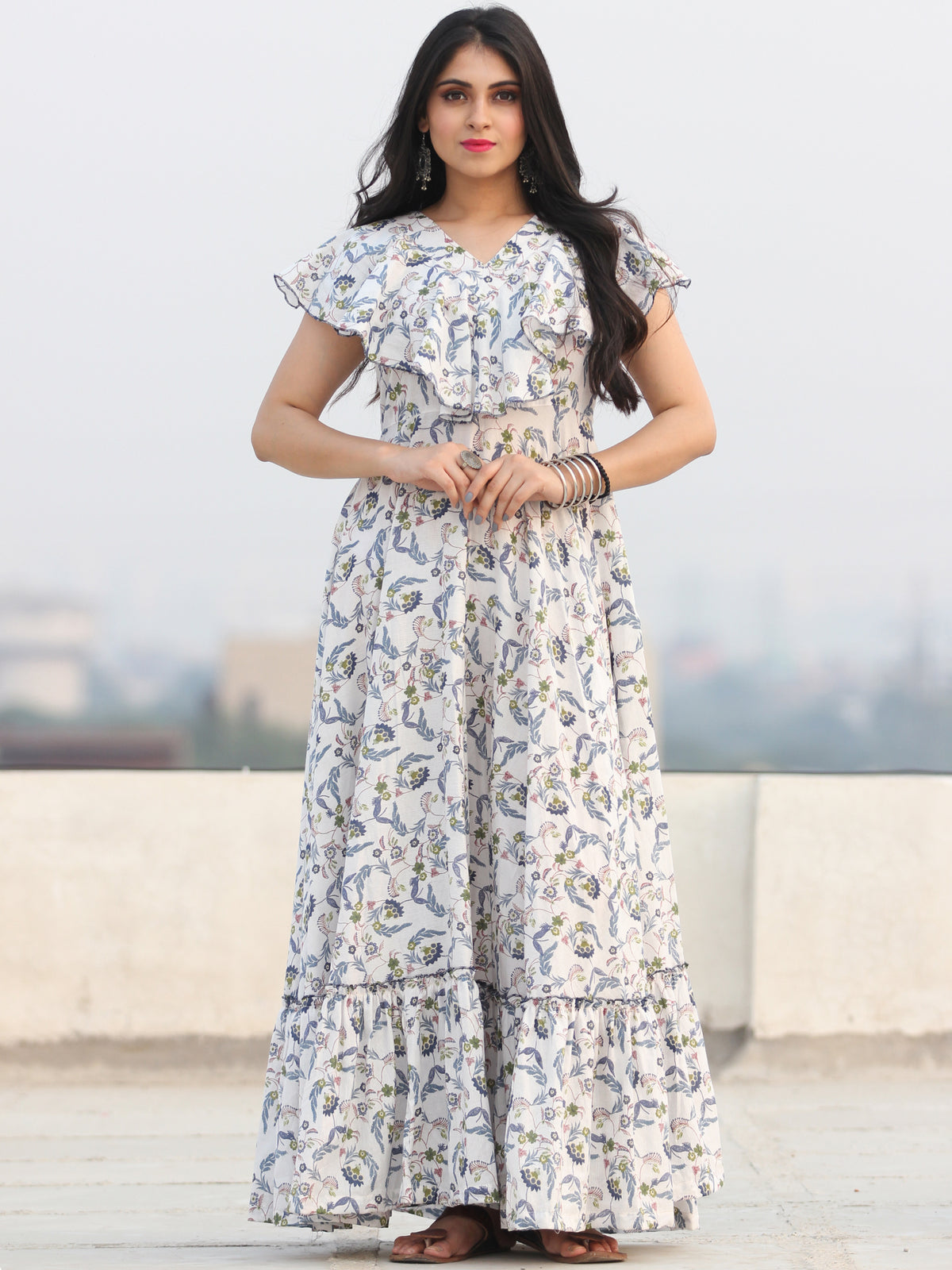 Gulzar Shamaa - Dress - Block Printed Frill Neck Long Dress D455F2291