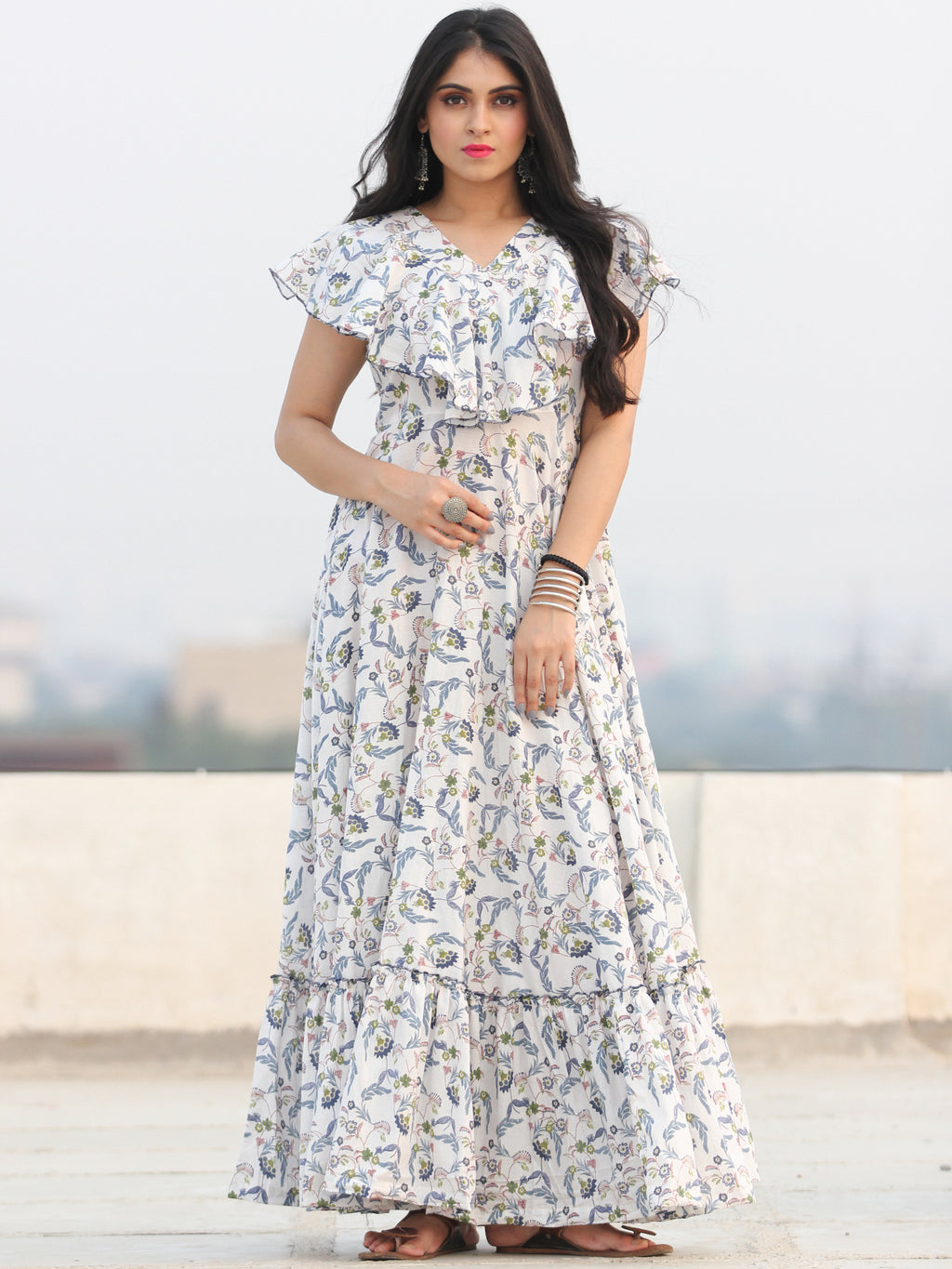 Gulzar Shamaa - Dress - Block Printed Frill Neck Long Dress