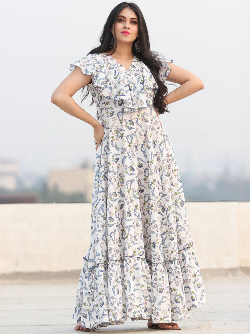 Gulzar Shamaa Dress Block Printed Frill Neck Long Dress