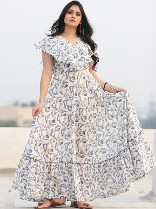 Gulzar Shamaa - Dress - Block Printed Frill Neck Long Dress D455F2291