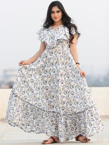 Gulzar Shamaa - Dress - Block Printed Frill Neck Long Dress D455F2291