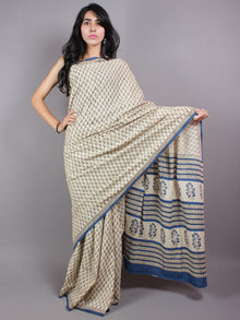 Ivory Blue Cotton Hand Block Printed Saree - S03170408